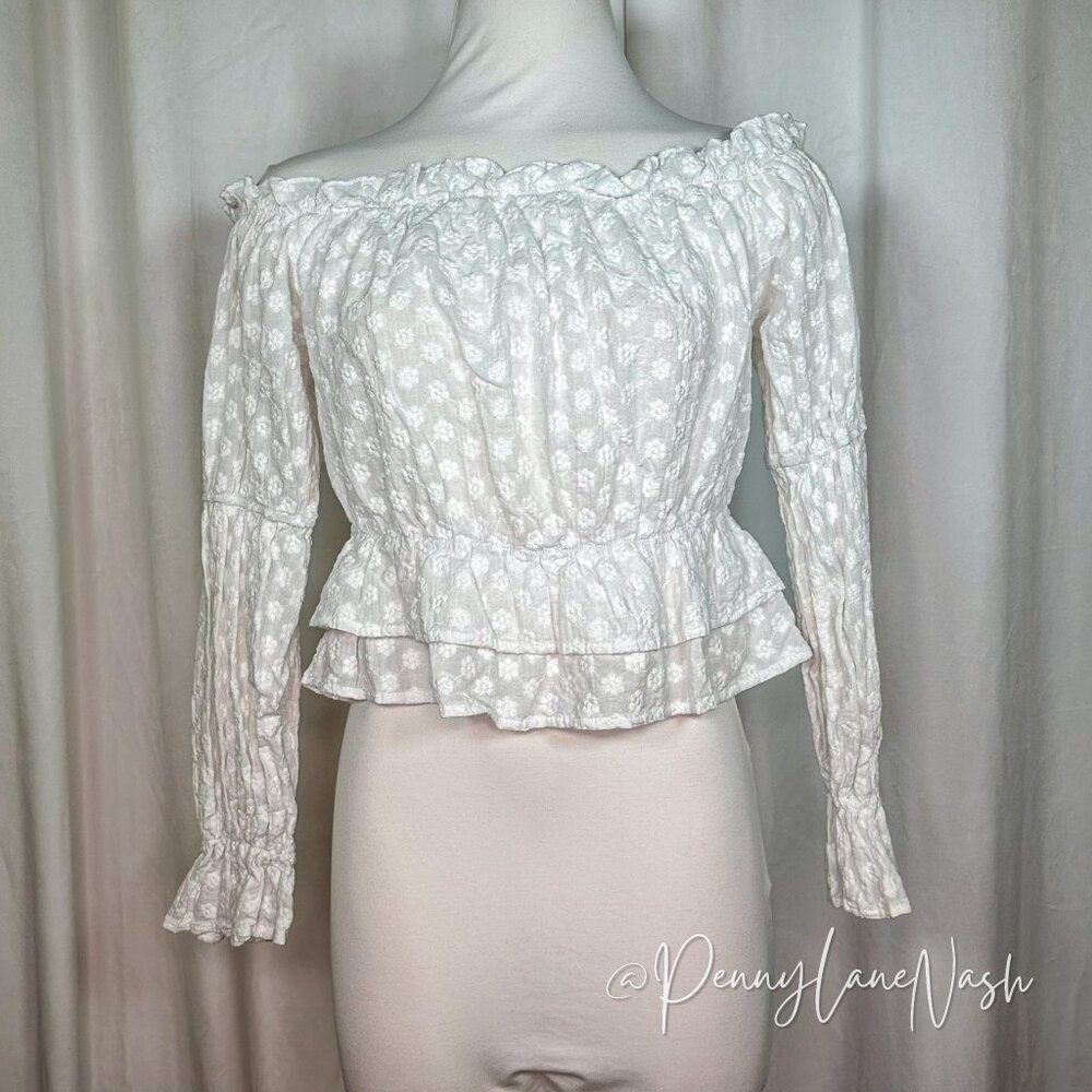 Shein Off Shoulder Floral Ruffle Hem Peplum Crop Top Blouse White - Picture 2 of 10